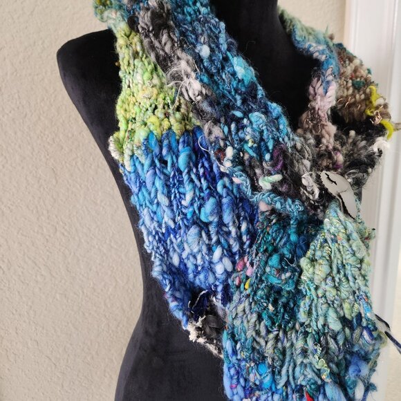 Scarf, knitted with art yarn, new handmade, light and soft, colorful 70x6 inch. - Picture 4 of 6